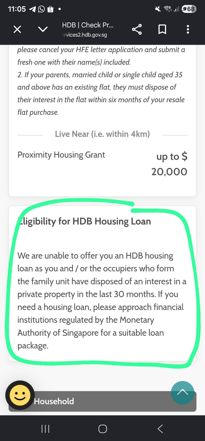 HDB portal screenshot: unable to offer an HDB housing loan because the applicant disposed of an interest in a private property in the last 30 months, advising the buyer to approach a financial institution regulated by MAS instead